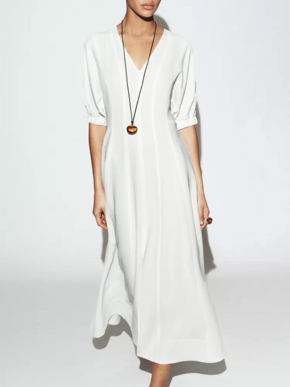 Zara White V-Neck Maxi Dress with Elbow Sleeves